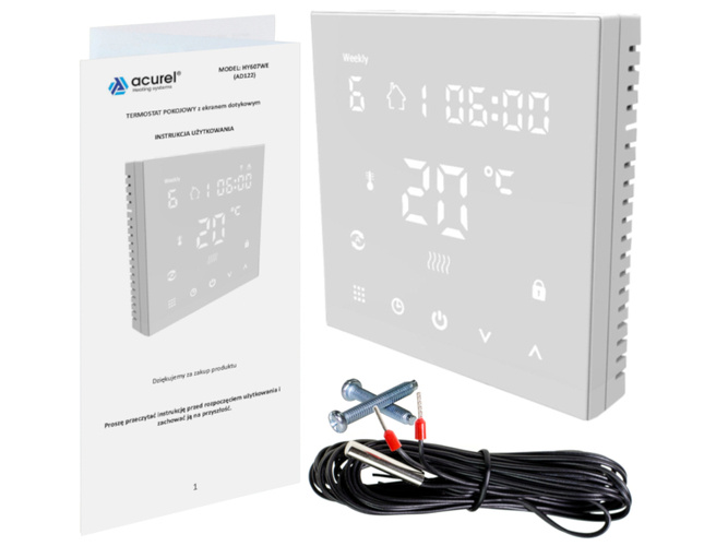 Dotykowy termostat regulator sterownik biały 16A + czujnik podłogowy